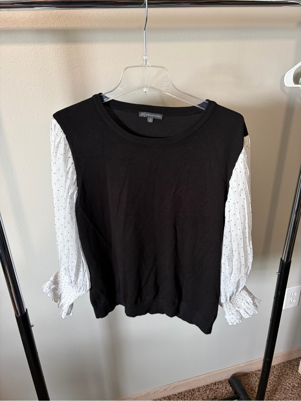 Adrianna Papell Black Sweater Top with White Dotted Bishop Sleeves
